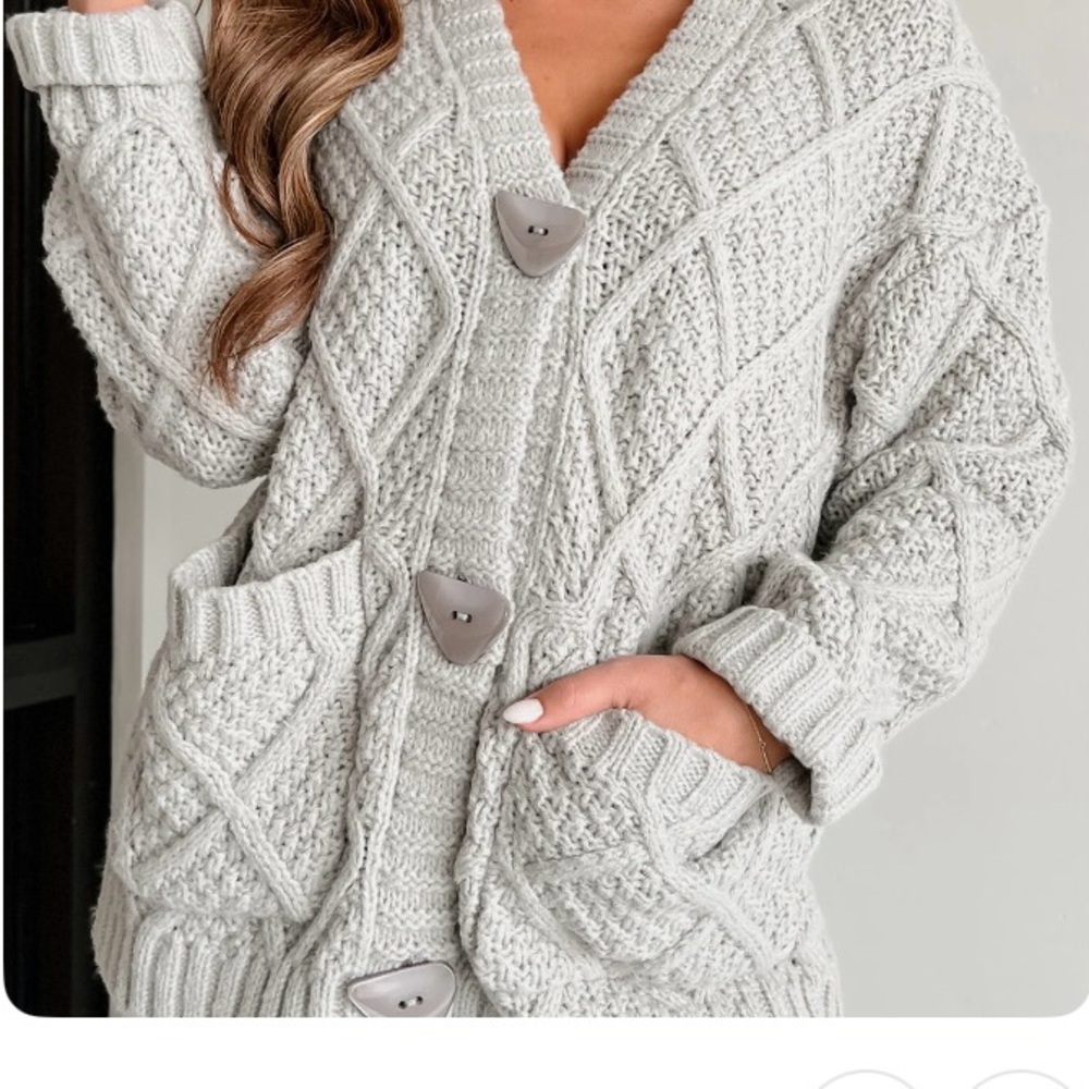 Gray Chunky Knit Cardigan Sweater with Cable Pattern